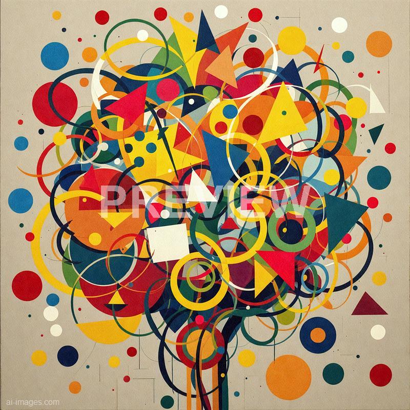 The image features an abstract composition composed of numerous colorful geometric shapes, including circles, triangles, squares, and lines. These shapes are densely layered and interconnected, creating a vibrant, chaotic explosion of color against a neutral beige background. The overall effect is dynamic and energetic, with a variety of warm and cool tones blending and contrasting throughout the piece.